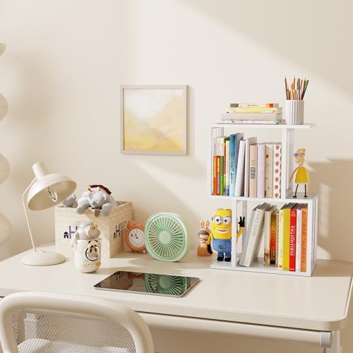 Small Desktop Bookshelf Organizer, White 3-Tier Desk Shelf with Metal Hook Workspace Organizers for Desk Organization and Office Storage Table Bookcase - Image 2