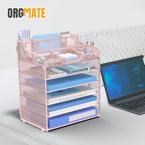 6 Tier Mesh Paper Desk Organizer with Pen Holders, Pink - Image 7