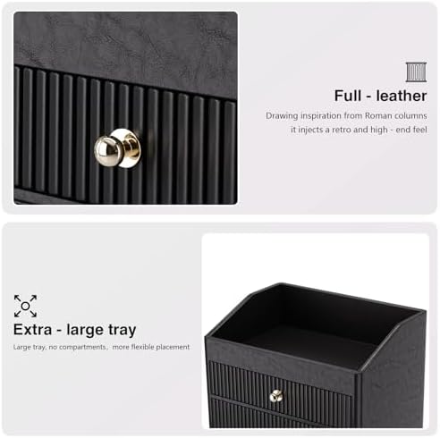 LADSTAG Office Supplies,Black Vegan Leather Office Organization with 2 Drawers & Tray,Glasses Holder with Gold-Tone Metal Accents Knob for End Tables,Bedside Table,Bedroom - Image 5