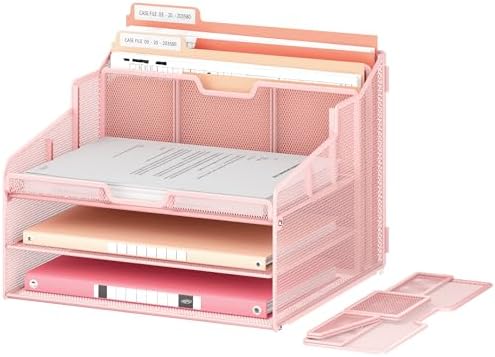Lavatino Desk Paper File Organizer - Metal Mesh with 2 Letter Trays, 7 Flexible Dividers, 2 Vertical File Folder Holders for Office/Home/Classroom Supplies, Desk Organizers and Accessories, Pink - Image 2