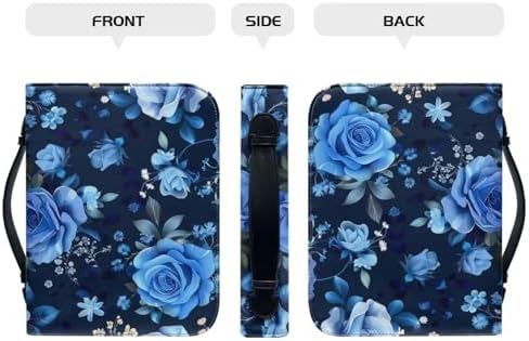 Blue Rose Flowers Print Cross Bible Cover for Women Men, Bible Case Bag with Top Handle PU Leather Bible Carrying Case for Church - Image 3