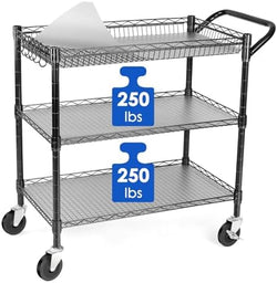 WDT Heavy Duty 3 Tier Utility Cart,Wire Rolling Cart with Wheels, Commercial Grade Service Cart with Shelving Liners and Handle Bar Metal Carts for Kitchen Office Hardware by WDT
