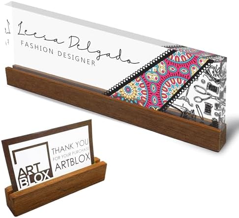 Artblox Personalized Office Desk Name Plate and Business Card Holder | Clear Acrylic Glass with Teak Wood Stand | Fashion Design Customized with Your Name and Credentials Office Desk Décor by Artblox