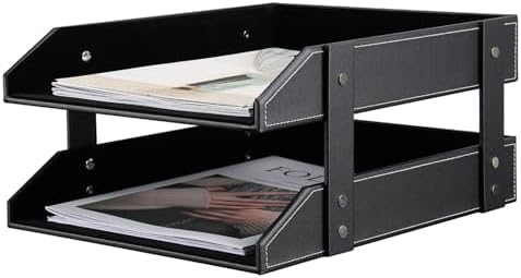 KINGFOM Letter Tray, Leather Paper Organizer Tray, Wooden Desk File Holder, Desktop File, Stackable Magazine Holder, Mail Sorter, Great for Home or Office - 2 Level Black - Image 5