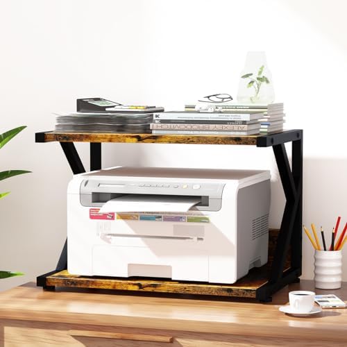 aboxoo Desktop Printer Stand with 2 Tier Wood Storage Shelves,Under Desk Printer Table,Multi-Purpose Home Office Desk Organizer for Fax Machine, Scanner (Rustic Brown) - Image 2