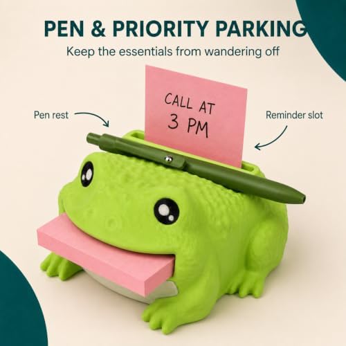 Note Toad - Desk Organizer & Note Holder, 3D Printed Frog Sticky Memo Block Dispenser with Pen Rest, 3 Reusable Stencils and Top Reminder Slot for Office Workspace, Reception Counter and Lover Gift - Image 4