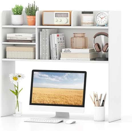 Tangkula Desktop Bookshelf for Computer Up to 32”, 37” Countertop Storage Hutch with 6 Storage Shelves, 3-Tier Desktop Organizer Display Rack, Wooden Desk Hutch for Dorm Home Office (White) by TANGKULA