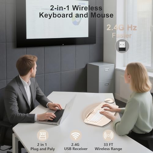 Wireless Keyboard and Mouse Combo, Ergonomic Wave Keys(Milk Tea-B) - Image 5