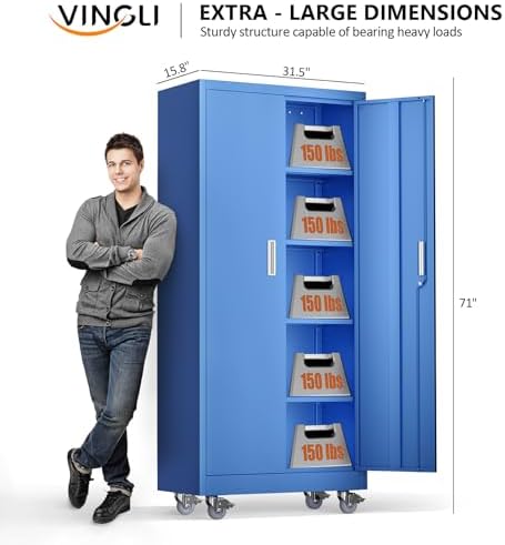 VINGLI Rolling Metal Storage Cabinet with Adjustable Shelves, 71'' Tall Garage Storage Cabinet with Wheels, Locking Tool Cabinets for Home Office Garage Gym School (Blue) - Image 3