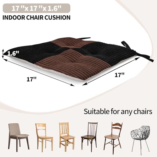Office Stacking Chair Cushions 4 Pack, Corduroy High Density Foam Kitchen Seat Cushions with Ties, Square 17" x 17" Indoor Non-Slip Dining Chair Pads, Black+ Brown, 4pcs - Image 3