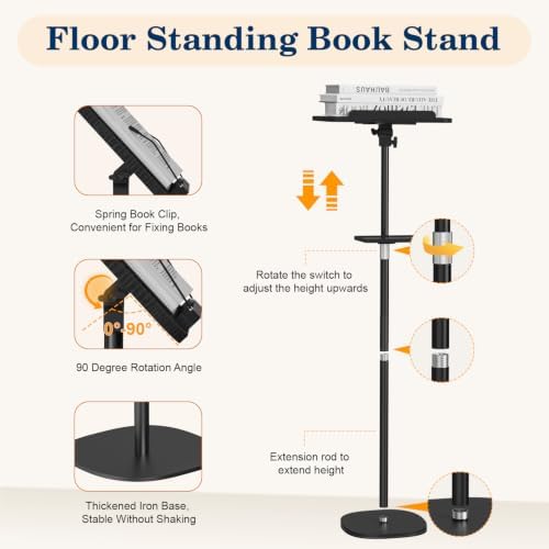 Snughome Floor Book Stand with Tray, Height Adjustment 21"-51", Black - Image 7
