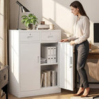 CJF Metal Storage Cabinet, Locking Storage Cabinet with Doors and 2 Drawers, Metal Cabinets for Office/Home/Garage 36" H x 32" W x 16" D (White) - Image 2