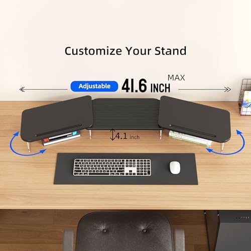 AFOOYO LED Dual Monitor Stand Riser for 2 Monitors,Office Desktop Wooden Stand Adjustable Length and Angle 3 Shelf,Extra Long Multifunctional Stand up to 39.3" for Computer,Laptop,TV,Black - Image 7