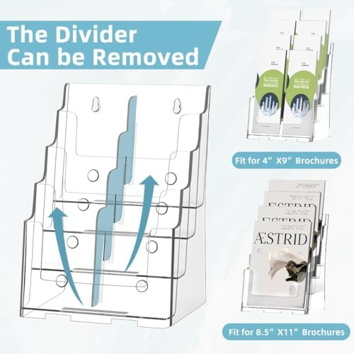 PPH-Sisy Acrylic Brochure Holder 8.5 x 11 inch, 4 Tier Magazine Stand Clear Literature Organizer Pamphlet Holder with Removable Divider for 4 x 9 inch Brochures for Wall Mount or Desktop - Image 3