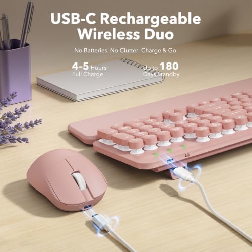 Rechargeable Backlit Wireless Keyboard and Mouse Combo, Retro Typewriter Keyboard with Magnetic Wrist Rest, Light Up Letters, 2.4GHz Cordless Connection for Mac, Windows PC, Laptop (Glowing Pink) - Image 4