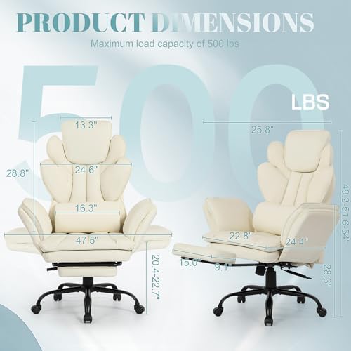 Flip Armrests Criss Cross Office Chair, Reclining Office Chair with Foot Rest, Adjustable Headrest, Massage Waist Pillow, Cross Legged Big and Tall Desk Chair Wide Seat Vanity Chair, White PU Leather - Image 2