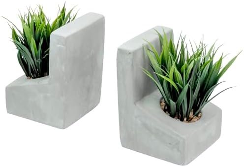 MyGift Decorative Bookends, Heavy Duty Book Ends with Artificial Green Grass Plants, Book Stands for Office Desktop, Bookshelf, Modern Gray Concrete L-Shaped - Image 6
