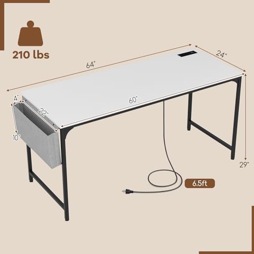 Tangkula 60” Large Computer Desk with Charging Station, Modern Simple Study Writing Desk with Storage Bag, Headphone Hook, Sturdy Metal Frame, Home Office Workstation - Image 3