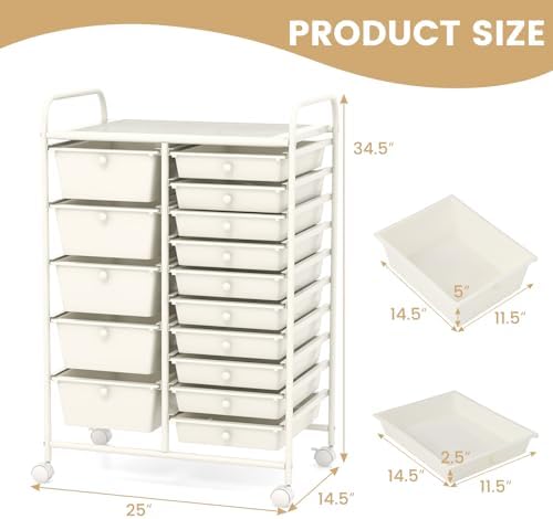 LDAILY 15 Drawer Rolling Storage Cart, Rolling Cart with Drawers for Classroom, Art Supply Craft Organizer on Wheel with Metal Frame & Handles for Home Office School - Image 3