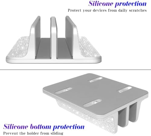Bling Vertical Laptop Stand, Double Desktop Stand Holder with Adjustable Dock (Up to 17.3 inch),Compatible with All MacBook/Surface/Samsung/HP/Dell/Chrome Book (Silver Glitter Rhinestones) - Image 3