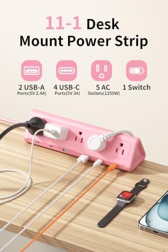 AnnTane Desk Clamp Power Strip USBC, 40W Fast Charging, 6.5 Ft, Pink - Image 3