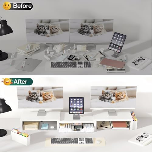 OPNICE Desk Organizer and Accessories, Computer Monitor Stand Riser with Drawer and 2 Pen Holders, Laptop Stand, Office Desk Accessories for Office Supplies, White - Image 5
