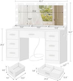 FIONESO Vanity with Large Mirror and 12 LED Lights, Vanity Desk with 7 Drawers & Hairdryer Holder, Makeup Vanity Desk with Charging Station for Women, Girls, 3 Lighting Color Adjustable, White - Image 2