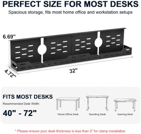 32" Under Desk Cable Management Tray, Capacity Metal Cord Organizer - Image 3