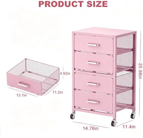 4-Drawers Metal Rolling Cart, Utility Storage Cart with Wheels - Image 3
