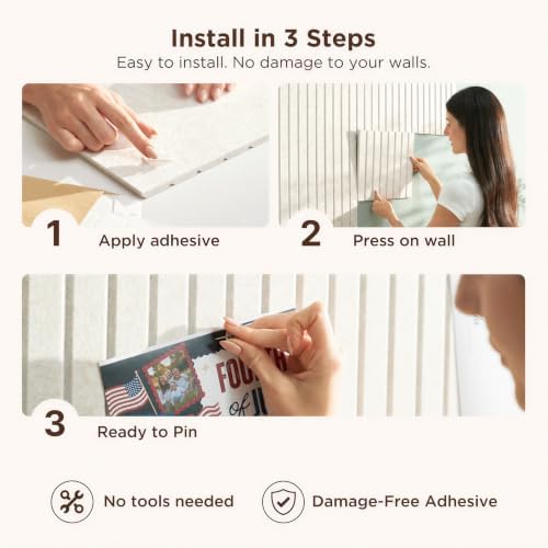 VIVELDA Felt Bulletin Board Tiles 48"x36" - 12-Pack Cork Board Alternative, Oeko-TEX Certified, NRC 0.95 Acoustic Wall Panels, Damage-Free Adhesive, Slatted Design, Home Office & Classroom (Salmon) - Image 6