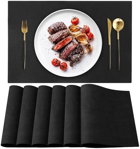 Leather Heat Resistant Placemats Set of 6 Waterproof Wipeable Washable PU Table Mats,Easy to Clean Anti-Slip (6, Black) by LANDVIEW