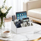 PU Leather Desk Organizer, Remote Control Holder, Ivory - Image 2