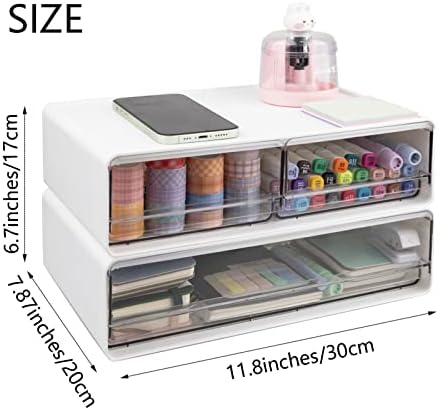 2 Packs Large Stackable Desk Organizer Drawers, Plastic Desk Storage Drawers, Makeup Organizer Drawers with 3 Drawers for Desk, Home, School, Desktop, Dressing Table(White) - Image 3