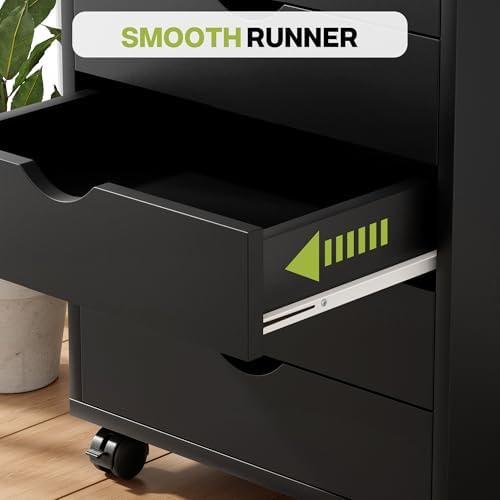 5-Drawer Chest, Office Storage Dresser File Cabinet with Wheels, Mobile Dresser for Home Office, Black - Image 6