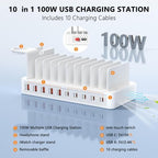 100W Charging Station for Multiple Devices, 10-Port USB Charging Dock Organizer with 10 Cables & Watch Stand, Adjustable Dividers Multi Charger Compatible with iPad/Tablet/iPhone/Android, White - Image 2