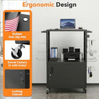 Mobile AV Cart, Heavy Duty Rolling Computer Cart with Push Handle & Hooks – Locking Cabinet, Pegboard, 4 Outlets, Lock Brake Casters – Media Utility Cart on Wheels for Office/Classroom - Image 5