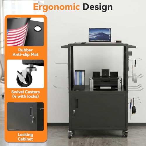 Mobile AV Cart, Heavy Duty Rolling Computer Cart with Push Handle & Hooks – Locking Cabinet, Pegboard, 4 Outlets, Lock Brake Casters – Media Utility Cart on Wheels for Office/Classroom - Image 5