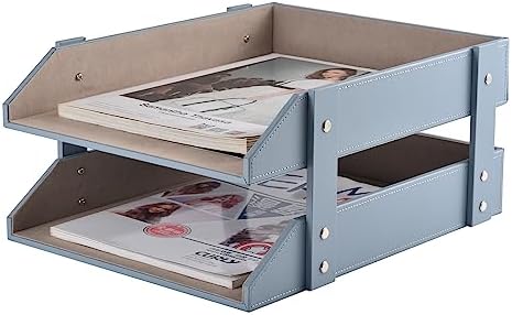 Leather Desk Letter Tray,Office Supplies Paper Organizer for Mail Paper Files Magazines Jewelry Cosmetics,Fashion Letter Holder& 2-Tier Multipurpos Stackable Office Desktop Storage Box,Grey by XNONE