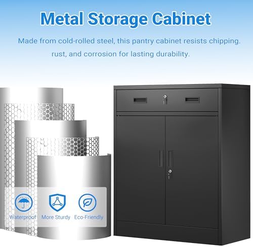 BESFUR Metal Storage Cabinet with Doors and Shelves, 36" H Locking Storage Cabinet with 1 Drawers, Reinforced Heavy Duty Metal Cabinets for Garage, Office, Home(Black) - Image 5