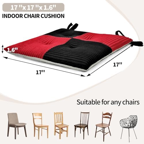 Office Stacking Chair Cushions 4 Pack, Corduroy High Density Foam Kitchen Seat Cushions with Ties, Square 17" x 17" Indoor Non-Slip Dining Chair Pads, Black+ Red，4pcs - Image 4