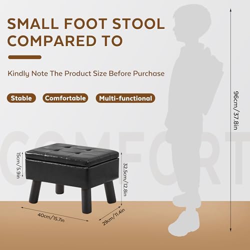 Storage Ottoman, Small Foot Stool Ottoman with Storage, Faux Leather Foot Rest with Wood Legs, Footstool for Living Room, Bedroom, Entryway, Black - Image 2