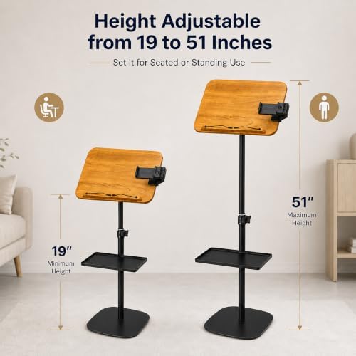 Floor Book Stand for Reading, Height Adjustable 19-51 Inch Wood Panel Holder with Page Clips and Phone Holder for Sheet Music, Cookbook, Tablet, Portable Standing Home Use - Image 6