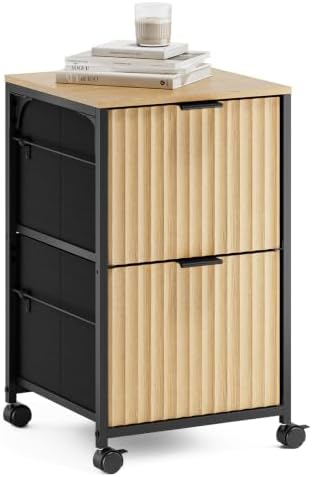 VINGLI 2 Drawer Mobile File Cabinet, Rolling Fluted Filing Cabinet Under Desk File Cabinet with Wheels, Fabric Drawers Printer Stand for Home Office, Fits Letter Size, Oak by VINGLI