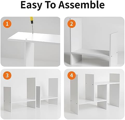 JLD Wood Adjustable 5-Shelf Desktop Bookshelf, Expandable Office Storage Rack, White - Image 6