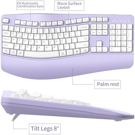 Wireless Keyboard and Mouse Combo,2.4G Ergonomic Wave Keys(Purple) - Image 7
