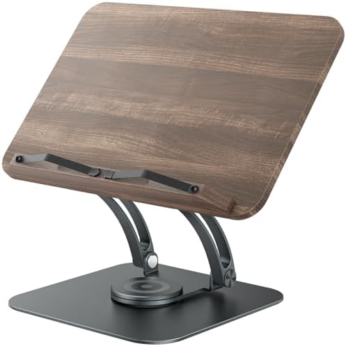 Tounee Book Stand for Reading, Adjustable Book Holder with 360° Swivel Base, Foldable Cookbook Stand Recipe Book Holder with Elastic Page Clips for Music Scores, Recipe, Tablet, Laptop-Gray by tounee
