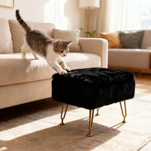 Small Foot Stool with Storage & Gold Metal Legs, Small Ottoman Foot Rest Under Desk for Couch, Chair, Black Furry with High-Density Resilient Sponge - Image 7