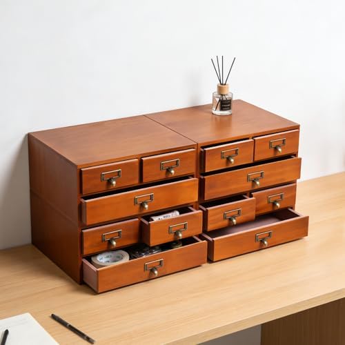 Wooden Desktop Organizer, Desktop Organizer With Drawers, Wooden Storage Drawers For Tabletop, 12 Drawer Desk Storage Cabinet For Office Home Study Room, Pine Wood Structure, Brown Finish, 4 Piece Set - Image 4