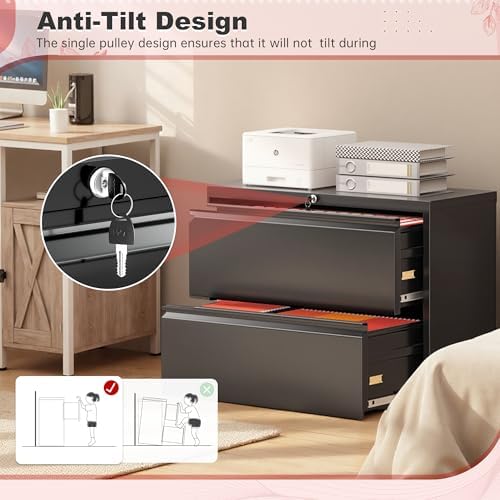 Superday Lateral File Cabinet 2 Drawer Metal File Cabinet with Lock, Black Filing Cabinets for Home Office, Locking Filing Cabinets Hanging Files Letter/Legal/F4/A4 - Image 5