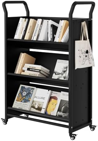 3-Tier V-Shaped Book Cart with Wheels, Rolling Metal Book Storage Organizer with 4 Locking Casters, Mobile Bookshelf for Classroom, Library, Office & Home by Unknown